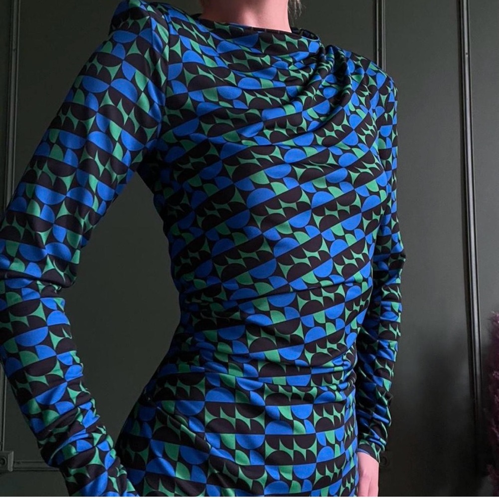 Zara Blue and Green Patterned Long Sleeve Dress Medium